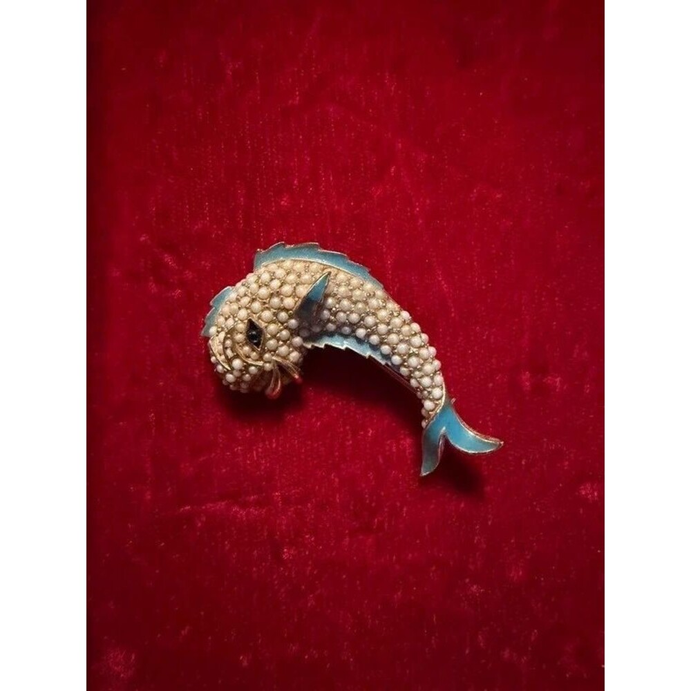 Authentic Vintage Signed CINER Pearl & Enamel Koi Fish Brooch